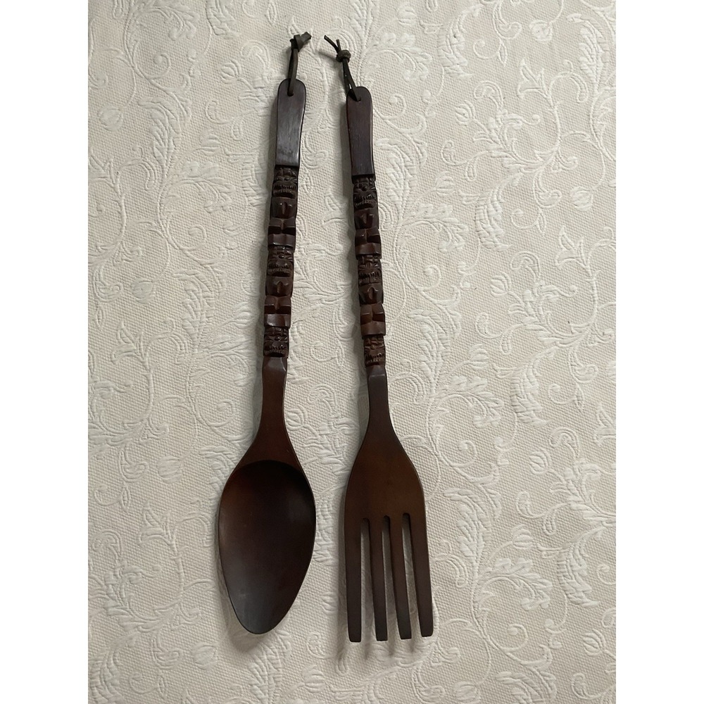 Vintage MCM Fork Spoon Kitchen Wall Decor Tiki Totem Pole Hand Carved Wood 29" - Picture 12 of 16